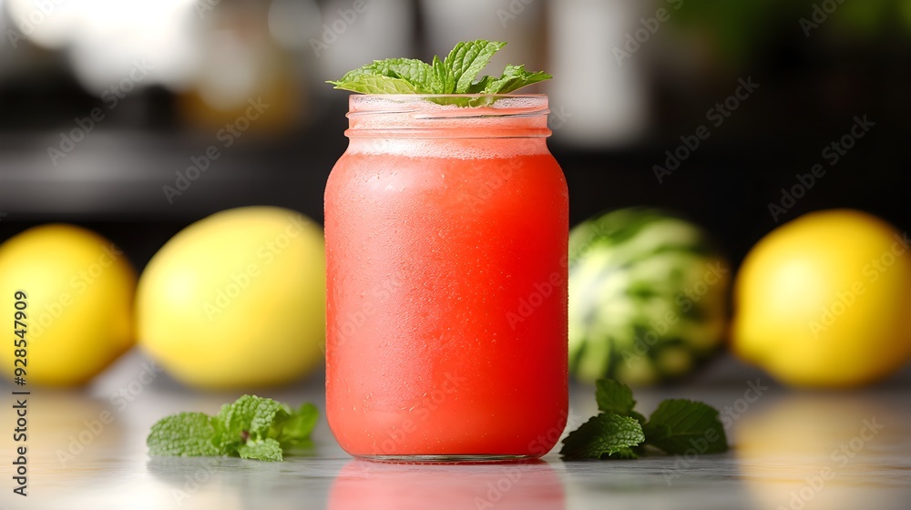 Watermelon Lemonade, A mix of fresh watermelon juice and lemonade with a hint of mint for a cool, sweet-tart flavor.