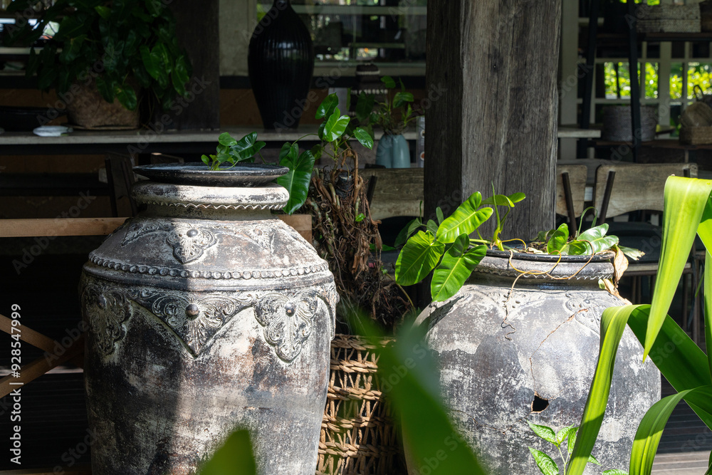 Large Rustic Ceramic Bali Balinese Pots, Vase of Plant Pot seen across the room through more plants. Large Rustic Ceramic Bali Balinese Pots, Vase of Plant Pot seen across the room through more plants.