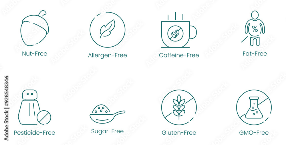 Nut-Free, Allergen-Free, Caffeine-Free, Fat-Free, Pesticides-Free, Sugar-Free, Gluten-Free, and GMO-Free Vector Illustration Icon Set Nut-Free, Allergen-Free, Caffeine-Free, Fat-Free, Pesticides-Free, Sugar-Free, Gluten-Free, and GMO-Free Vector Illustration Icon Set