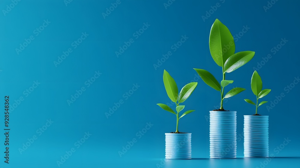 Three plants growing from stacks of coins, symbolizing financial growth, business success, and investment on a blue background. Three plants growing from stacks of coins, symbolizing financial growth, business success, and investment on a blue background.
