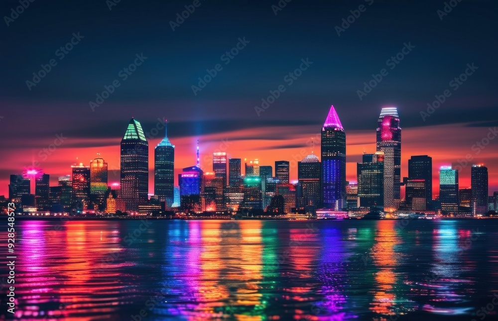 Fototapeta premium Night view of a city skyline illuminated by bright lights