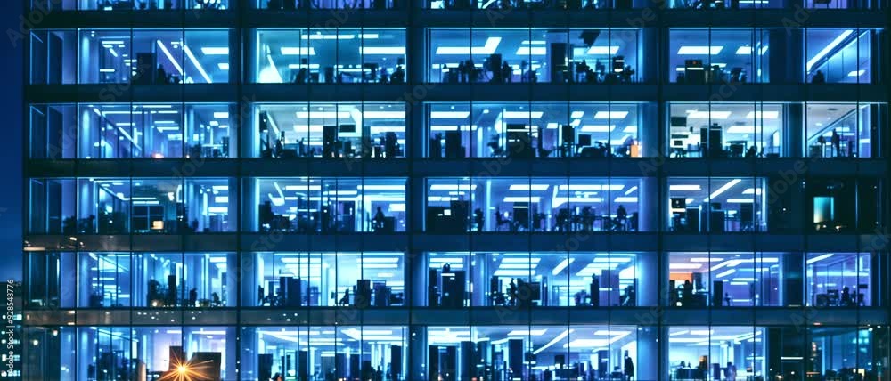  Modern Office Building at Night: Silhouettes of People Working in Illuminated Windows. City Life, Business, Technology Concept. Corporate Life & City Nights. Seamless loop