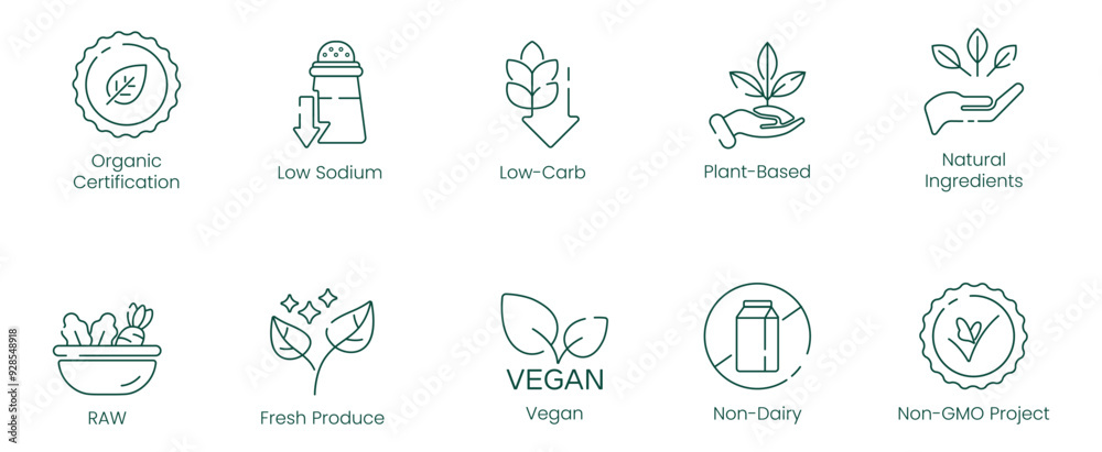 Fototapeta premium Organic Certification, Low Sodium, Low Carbs, Plant-Based, Natural Ingredients, Raw, Fresh Produce, Vegan, Non-Dairy, and Non-GMO Project Vector Illustration Icon Set