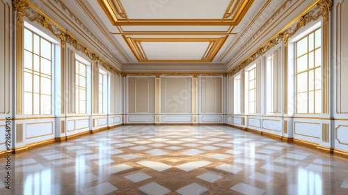 A large, empty room with gold trim and white walls