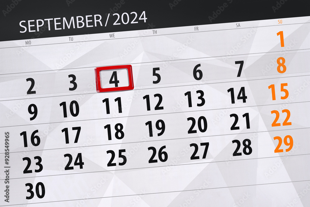 Fototapeta premium Calendar 2024, deadline, day, month, page, organizer, date, September, wednesday, number 4
