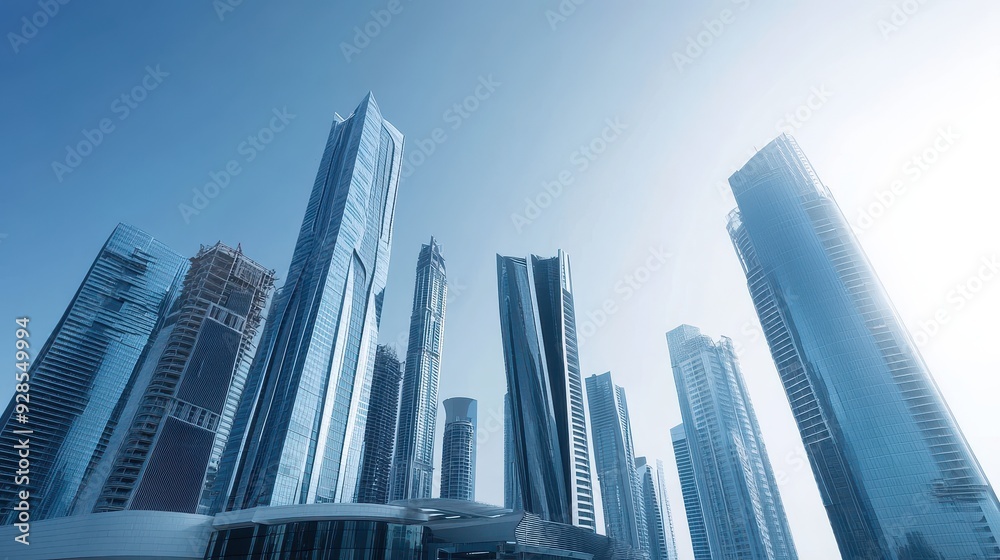 A modern skyline featuring tall glass skyscrapers under a clear blue sky. A modern skyline featuring tall glass skyscrapers under a clear blue sky.