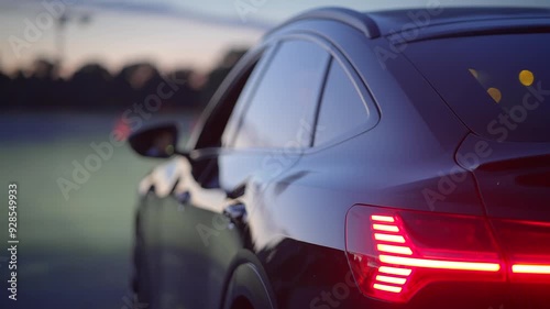 A Sleek, Stylish Black Car Featuring a Modern Tail Light Design Against a Beautiful Sunset