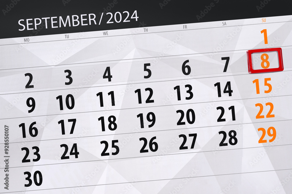 Obraz premium Calendar 2024, deadline, day, month, page, organizer, date, September, sunday, number 8
