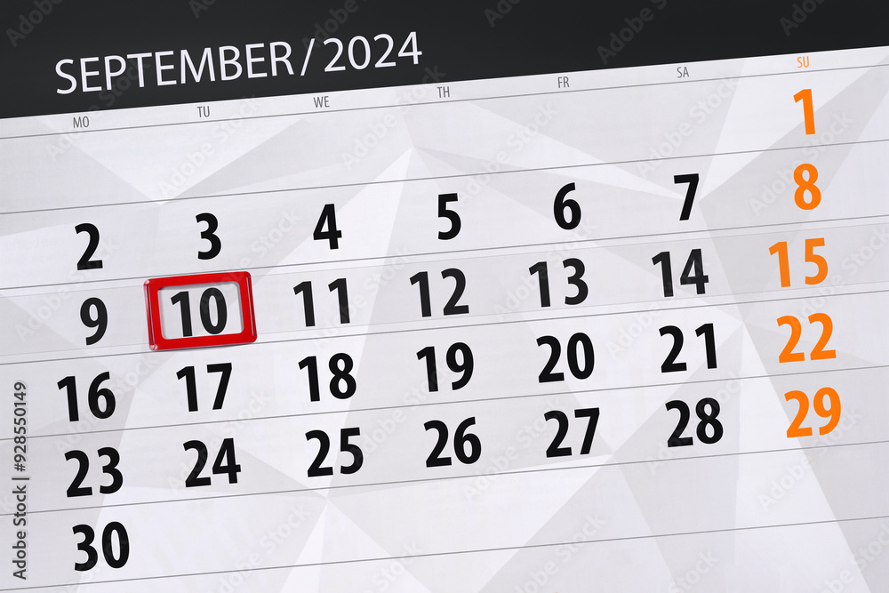 Obraz premium Calendar 2024, deadline, day, month, page, organizer, date, September, tuesday, number 10
