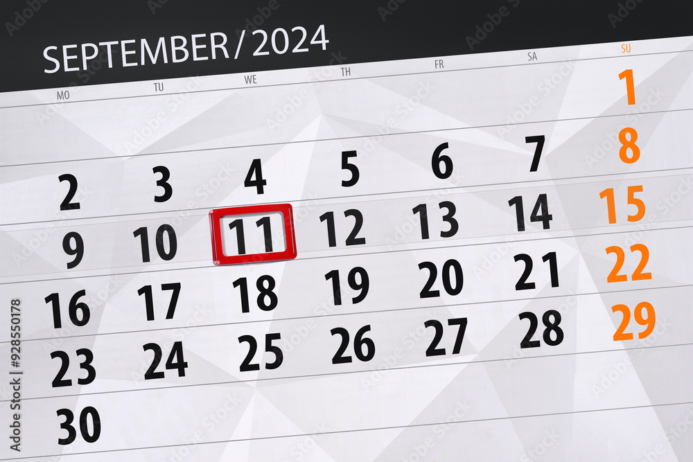 Fototapeta premium Calendar 2024, deadline, day, month, page, organizer, date, September, wednesday, number 11