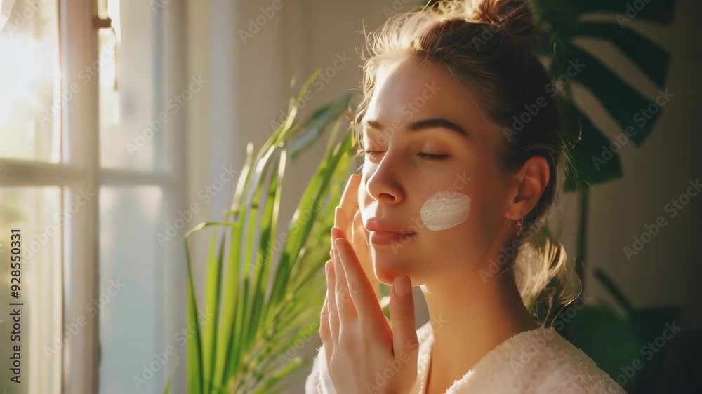 A young Caucasian woman applies a skincare product to her face in soft morning light. She is wearing a white robe and is near a window with sunlight streaming in, adding a serene mood to the scene. A young Caucasian woman applies a skincare product to her face in soft morning light. She is wearing a white robe and is near a window with sunlight streaming in, adding a serene mood to the scene.