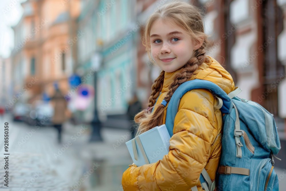 Fototapeta premium Young girl with braided hair carrying books and a yellow backpack on a busy city street.