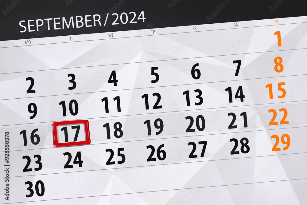 Fototapeta premium Calendar 2024, deadline, day, month, page, organizer, date, September, tuesday, number 17
