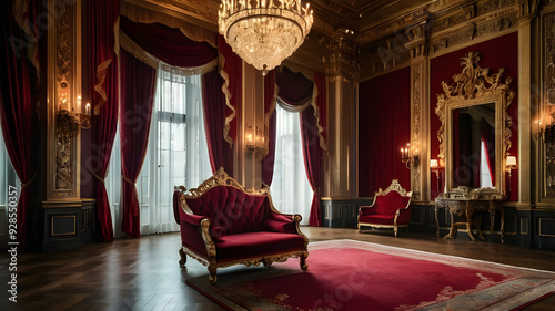 A red chair with a gold frame and red curtains with candles on it.