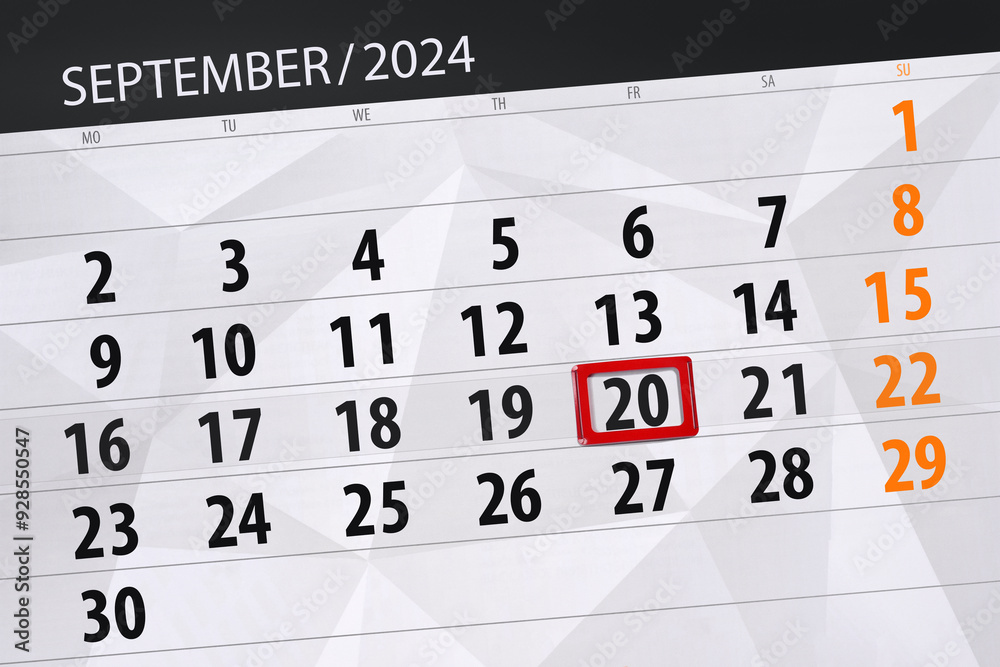 Obraz premium Calendar 2024, deadline, day, month, page, organizer, date, September, friday, number 20