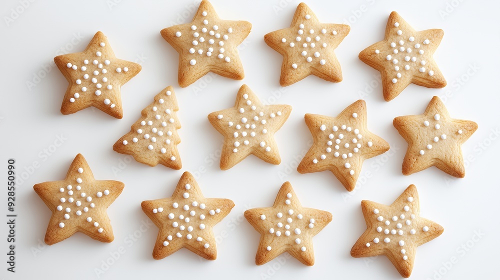 A close-up of golden star-shaped cookies decorated with white sprinkles on a white surface. A close-up of golden star-shaped cookies decorated with white sprinkles on a white surface.
