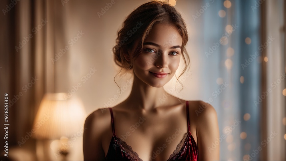 Charming and spirited lingerie model under soft studio lights sporting luxurious velvet lingerie set Charming and spirited lingerie model under soft studio lights sporting luxurious velvet lingerie set