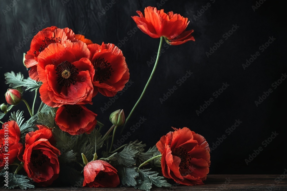 Red Poppy Bouquet on Dark Background Red Poppy Bouquet on Dark Background