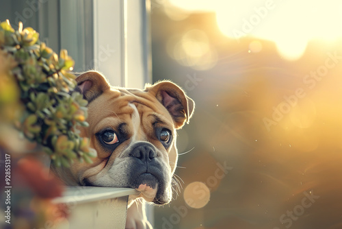 Charming bulldog gazes out from a window ledge, framed by greenery and bathed in soft sunlight, ideal for themes of pets, curiosity, and relaxation. photo