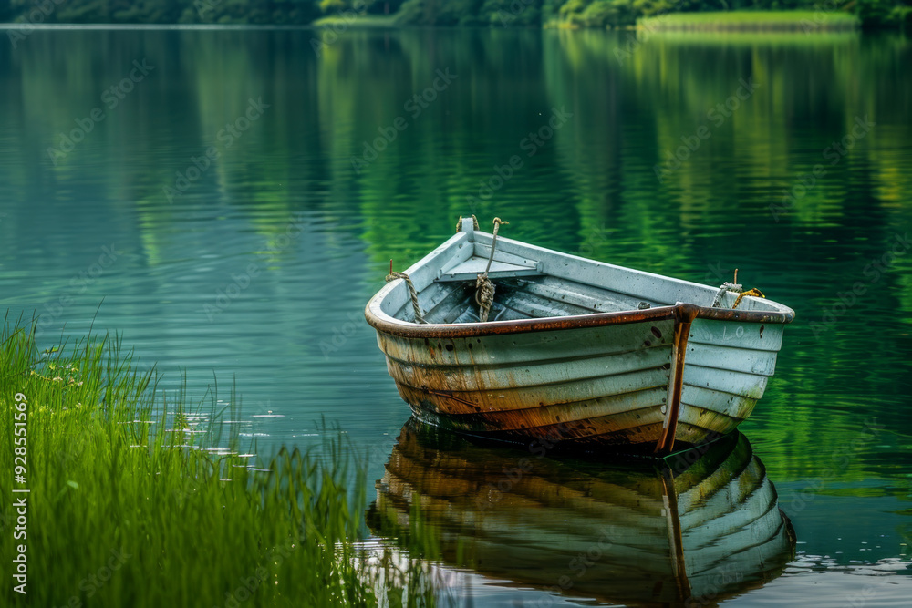 A serene old boat floats on a tranquil green lake, surrounded by lush greenery reflecting off the water. A serene old boat floats on a tranquil green lake, surrounded by lush greenery reflecting off the water.