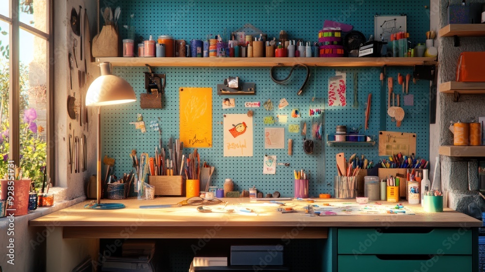Creative workspace with pegboard and natural light. Creative workspace with pegboard and natural light.
