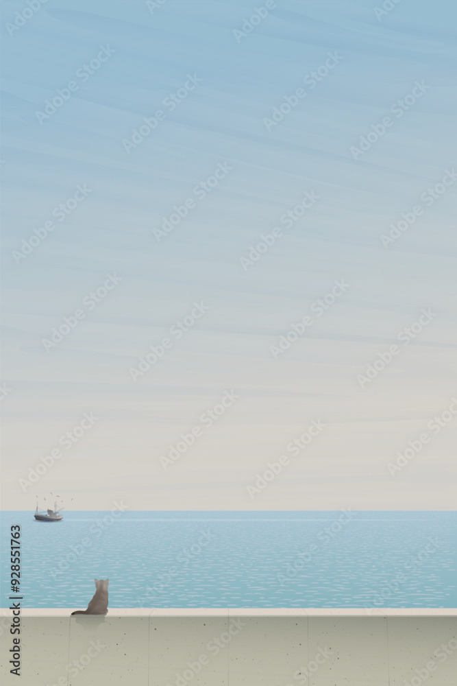 Fototapeta premium Minimalist seascape in the morning have a cat sitting on cement barrier looking to fishing boat followed by seagulls have blue sky vertical background graphic illustration.