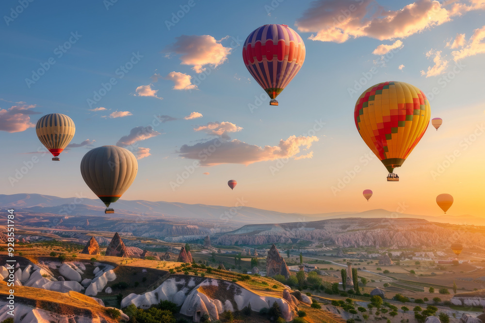 Fototapeta premium Colorful hot air balloons floating over Cappadocia’s unique landscape at sunrise, showcasing the beauty of travel.
