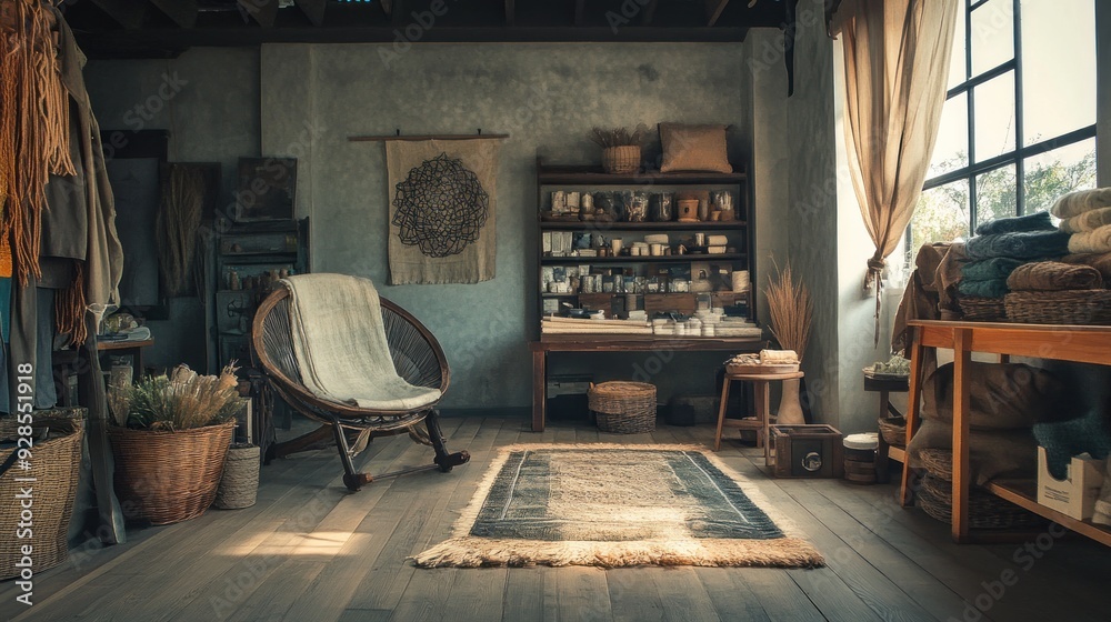 Rustic interior design with wicker chair and rug.