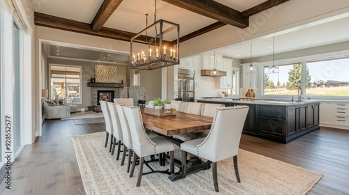 Modern Kitchen Dining Room with Fireplace.