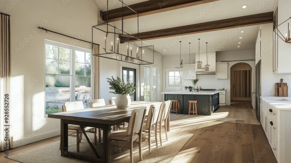 Fototapeta premium Modern Farmhouse Dining Room with Natural Light and Wooden Beams.