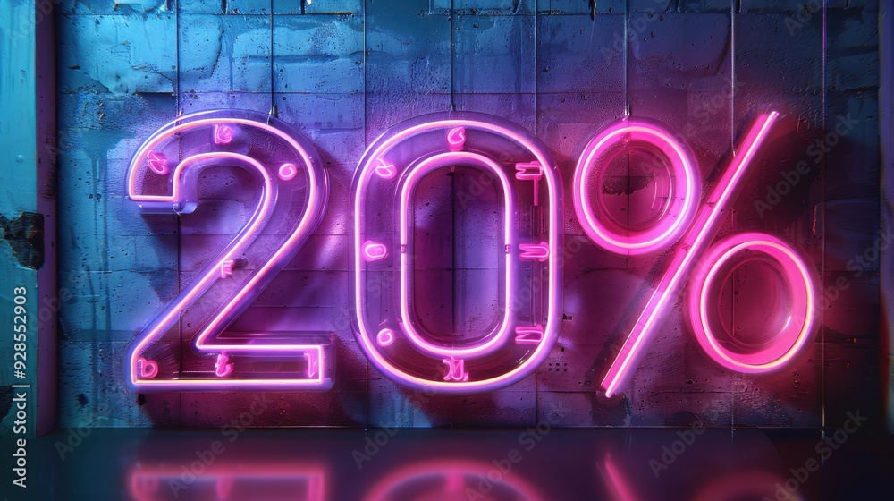 Neon 20 Percent Sign on Industrial Wall with Vibrant Glow Neon 20 Percent Sign on Industrial Wall with Vibrant Glow