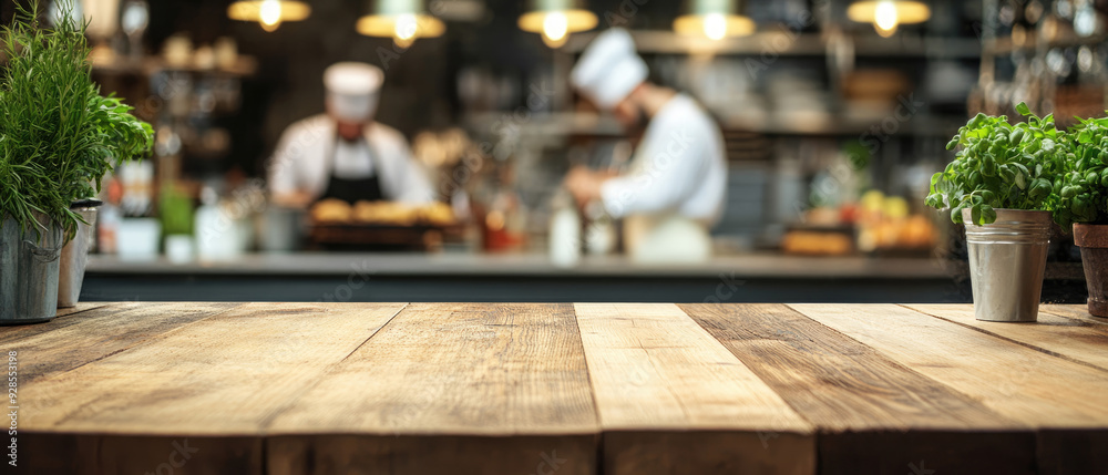 Beautiful wooden table top with a blurred background of a busy kitchen and a chef working in a restaurant or cafe Beautiful wooden table top with a blurred background of a busy kitchen and a chef working in a restaurant or cafe