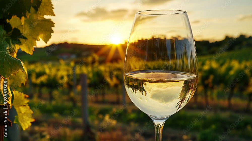 A glass of white wine against the backdrop of a vineyard at sunset. A glass of white wine against the backdrop of a vineyard at sunset.