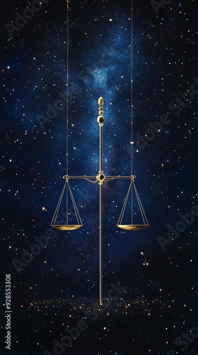 Golden scales of justice suspended against a starry background at night photo