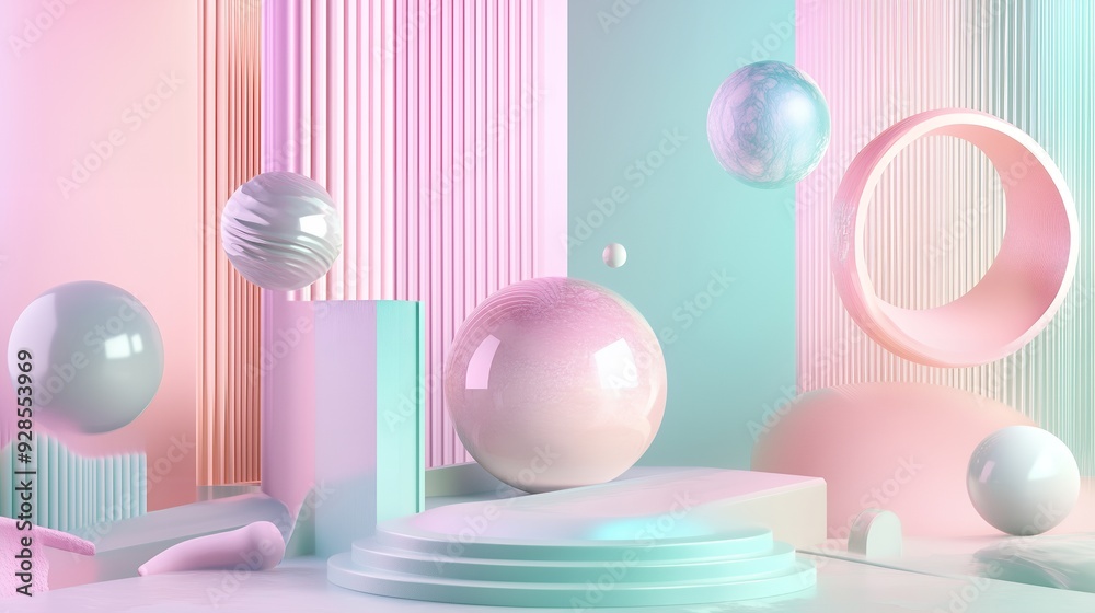Abstract pastel pink and blue 3D background with geometric shapes and a podium. Abstract pastel pink and blue 3D background with geometric shapes and a podium.