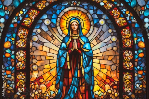 A radiant stained glass window portraying the Virgin Mary with a glowing halo, surrounded by intricate floral patterns