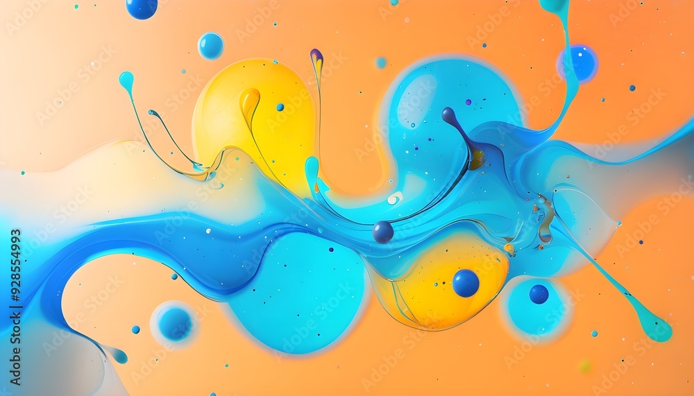Abstract wallpaper with colorful turquoise and yellow blobs and liquid shapes on a orange background Abstract wallpaper with colorful turquoise and yellow blobs and liquid shapes on a orange background
