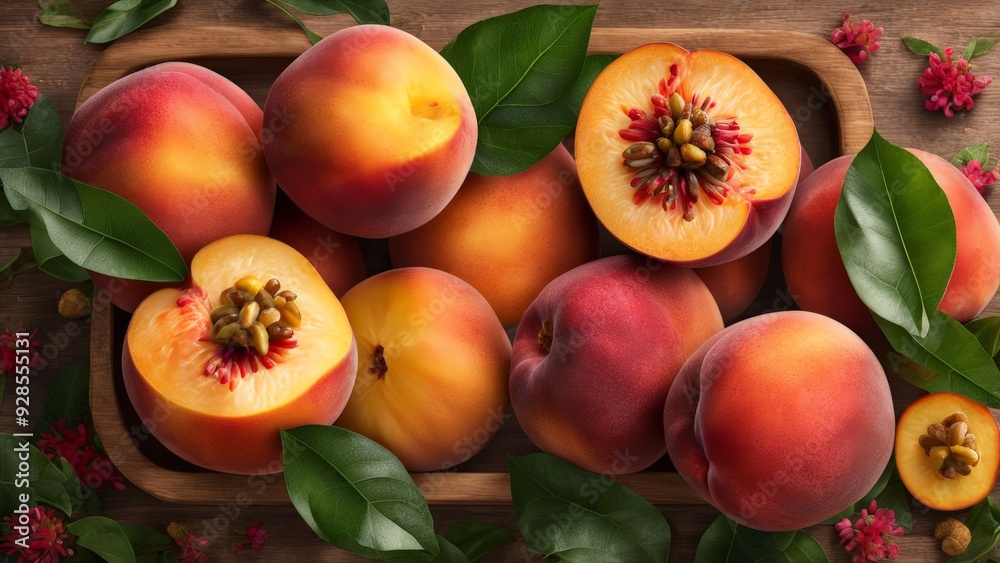 Display a mix of ripe peaches with fuzzy skins, possibly with some leaves or blossoms. Display a mix of ripe peaches with fuzzy skins, possibly with some leaves or blossoms.
