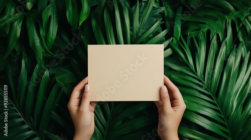 A serene image of hands holding a blank card surrounded by lush green leaves, perfect for branding or nature-themed designs.