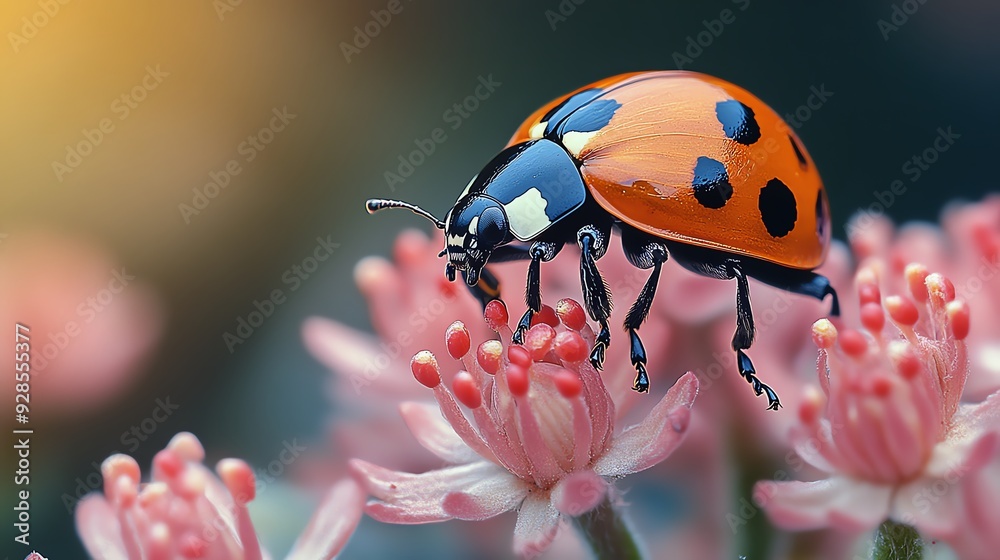 Obraz premium Close-up of a vibrant ladybug perched on pink flowers, showcasing its striking colors and delicate nature.