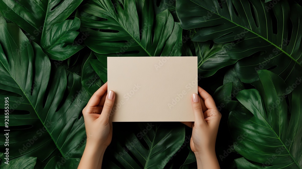 Elegant hands holding a blank card over lush green leaves, perfect for presentations and creative projects. Elegant hands holding a blank card over lush green leaves, perfect for presentations and creative projects.