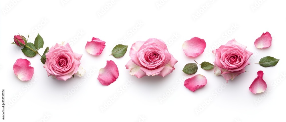 Pink Roses and Petals in a Row on White Background Pink Roses and Petals in a Row on White Background
