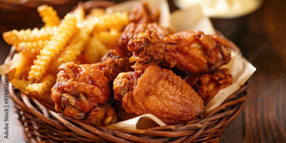 Close up of a basket of deep fried chicken wings and crinkle cut French fries Close up of a basket of deep fried chicken wings and crinkle cut French fries
