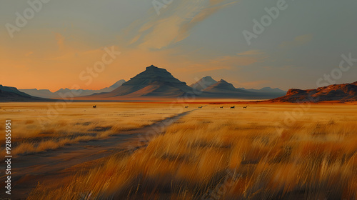 Golden Desert Landscape at Sunset, illustration