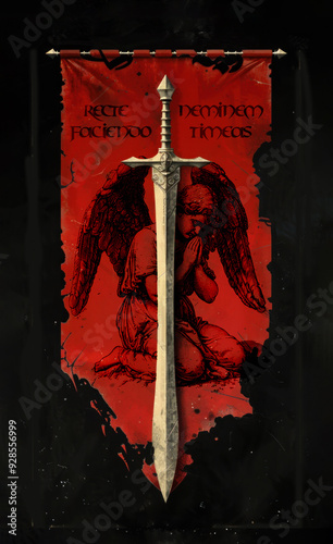 A large sword against the background of a heraldic banner depicting a kneeling angel in prayer. Motto in Latin - RECTE FACIENDO, NEMINEM TIMEAS (Do what you must, fear no one)