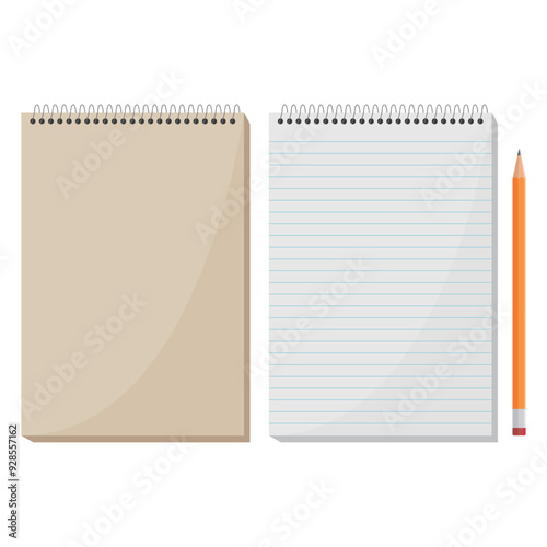 Notebook stationery supplies vector illustration. Classic notebook and pencil. Write down your notes.