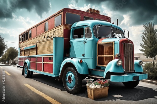 Vintage Blue Truck with Wooden Accents on a Roadside