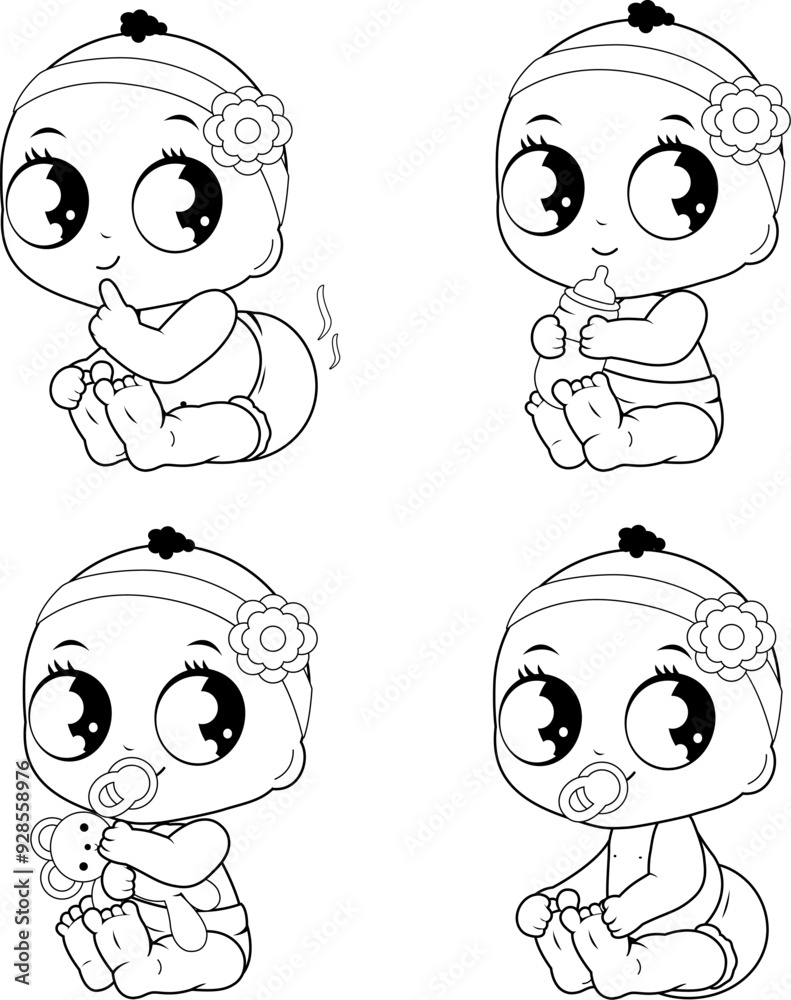 Cartoon baby girl characters. Cute babies drinking milk, playing, sitting and having a dirty diaper. Vector black and white coloring page. Cartoon baby girl characters. Cute babies drinking milk, playing, sitting and having a dirty diaper. Vector black and white coloring page.