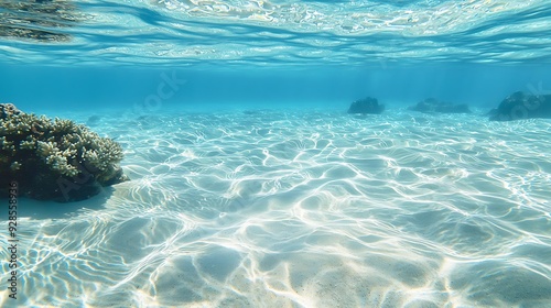 A calm, shallow reef with crystal clear water and white sand