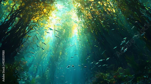 A bustling kelp forest with diverse marine creatures